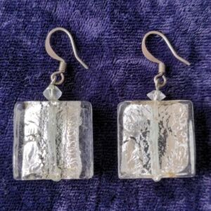 Vintage Modernist Brutalist Murano Glass Earrings With Embedded Silver Foil